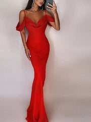 Vestidos de cuello en V de color liso sin tirantes y tirantes finos