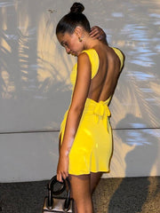 Sleeveless Backless Lace-Up Slit Short Dress