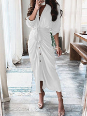 Vestido camisero de un solo pecho con cordones y manga larga estampado