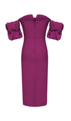 Strapless Draped Sleeve SlitS Bandage Dress in Rose Red