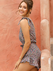 Schulterfreier, kurzärmliger Jumpsuit mit diagonalem Blumenmuster für Damen