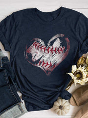 Retro Baseball Heart Print Short Sleeve T-shirt