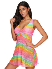 Badeanzug mit V-Ausschnitt, Fransen und Spitzen-Hosenrock