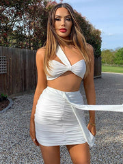 Two-piece white wrap-up top and bottoms