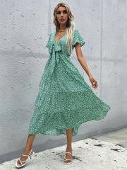 Short sleeved green print V-neck dress