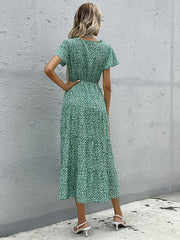 Short sleeved green print V-neck dress