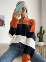 Color Blocking Round Neck Women's Sweater