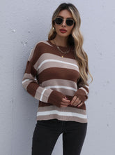 Coffee Color Long Sleeve Striped Sweater