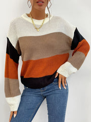 Color Blocking Round Neck Women's Sweater