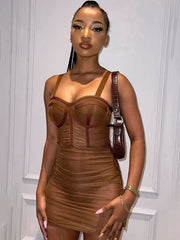 Solid color halter mesh see-through pleated short dress