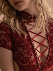 Cheongsam de encaje transparente, uniforme sexy, escote bajo, sin espalda, lencería sexy, pijama para el hogar