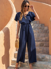 V-neck fashion temperament casual high waist jumpsuit
