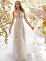 Vestido de novia de encaje sin mangas con escote en V