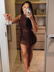 Solid Color Round Neck Mesh See-through Straps Short Dress