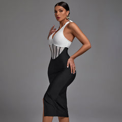 Vestido midi de rayas sin mangas con cuello halter y bandage