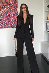 White V Neck Long Sleeves Sashes Suit