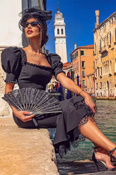 Vestido midi de vendaje con mangas abullonadas y encaje con cuello cuadrado