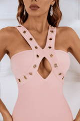 Rhodes Neckholder-Midi-Bandage-Kleid - Rosa