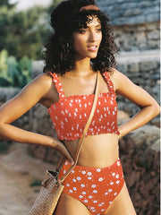 Traje de baño de bikini de cintura alta con estampado halter sin tirantes