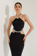 Vestido largo de vendaje con escote halter y aberturas Navarah