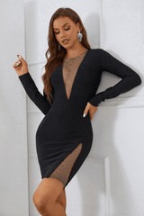 Vestido de vendaje de malla con escote en V de Lora