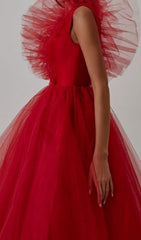 Vestido midi de red con escote en V en color caoba