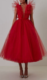 Netz-Midikleid mit V-Ausschnitt in Mahagoni