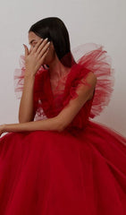 Vestido midi de red con escote en V en color caoba