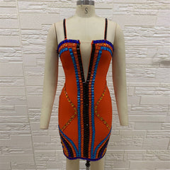 Ärmelloses Mini-Bandage-Kleid mit Riemchenmuster und Farbdiamanten H01002