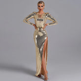 Round Neck Long Sleeve Maxi Sequined Bodycon Dress H01220