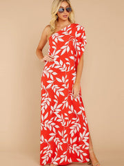 Falda larga de verano con hombros inclinados y abertura estampada