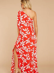 Falda larga de verano con hombros inclinados y abertura estampada