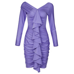 Vestido mini ajustado con volantes, manga larga y un hombro HB7014