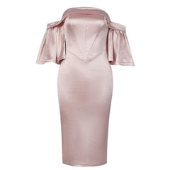 Vestido midi ajustado con volantes, hombros descubiertos y manga corta HB73410