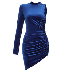 Vestido mini ajustado asimétrico de cuello alto y manga larga HB7417