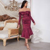 Off Shoulder Long Sleeve Fishtail Midi Bodycon Dress HB75210