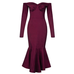 Vestido midi ajustado con cola de pez, manga larga y hombros descubiertos HB75210