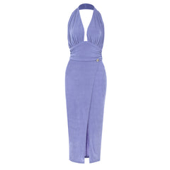 Vestido midi ajustado con abertura y cuello halter sin mangas HB76800