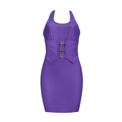 Neckholder-Mini-Bandage-Kleid mit ärmelloser Metall-Zierschnalle HB7703