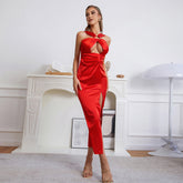 Vestido midi ajustado con tirantes, sin mangas y aberturas HB7829