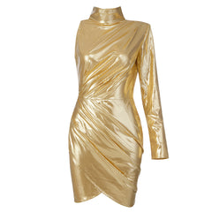 Vestido mini ajustado asimétrico de cuello alto y manga larga HB7861