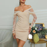 Off Shoulder Long Sleeve Mesh Mini Bandage Dress HB7906