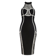 Vestido midi de encaje con cuello redondo, sin mangas y bandage HB79170