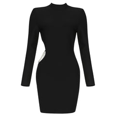 Vestido mini de vendaje con cuello alto, manga larga y cadena de taladro HB7918