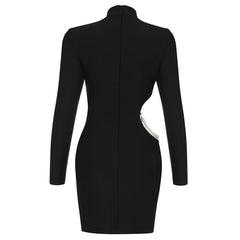 Vestido mini de vendaje con cuello alto, manga larga y cadena de taladro HB7918