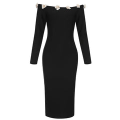 Vestido midi de manga larga con hombros descubiertos y flores HB7955