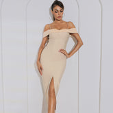 Trägerloses, kurzärmliges Midi-Bandage-Kleid mit Schlitz HB7985