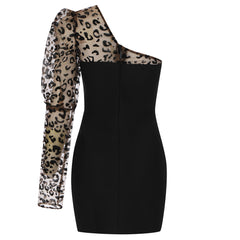 Vestido mini de leopardo con un solo hombro y manga larga HB7994