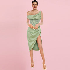 Asymmetrisches Midi-Bodycon-Kleid mit einer Schulter und kurzen Ärmeln HI1209