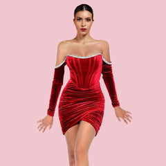 Schulterfreies, langärmliges, faltiges Mini-Bodycon-Kleid HI1286